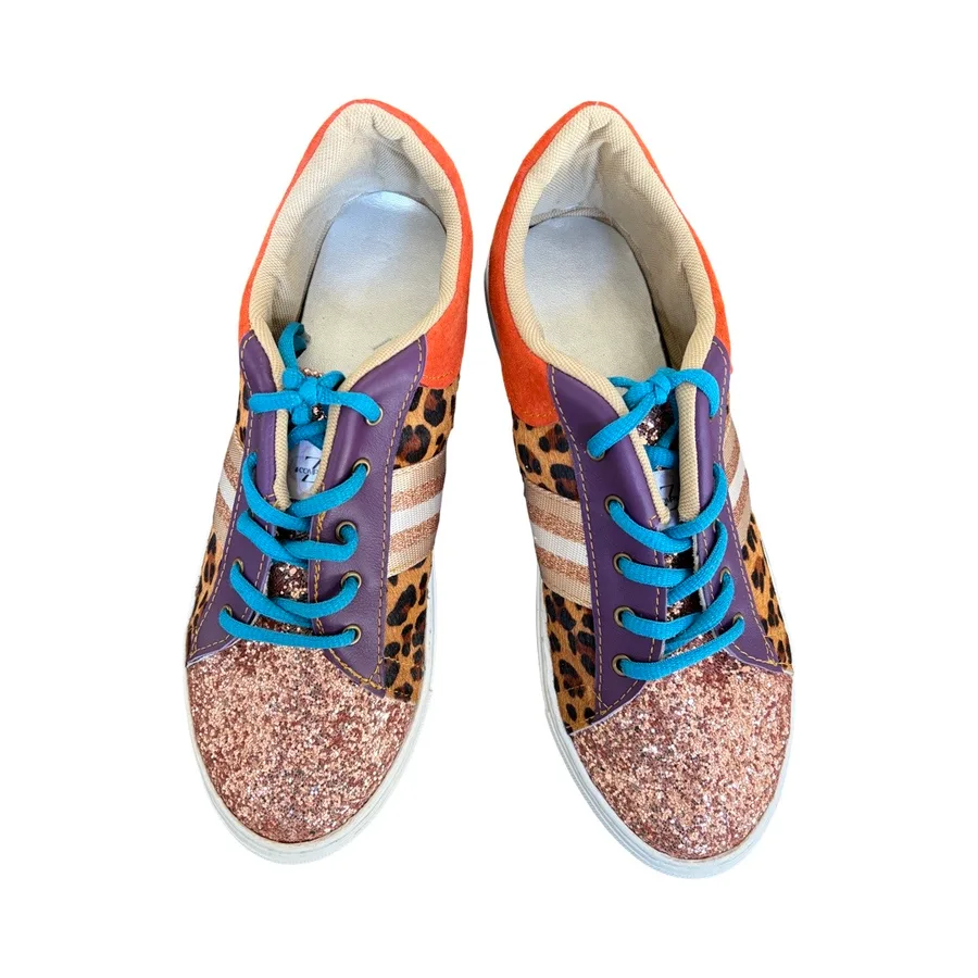 Sneakers - Rose gold sparkles, leopard, orange and purple leather with rose gold side stripe Size 40