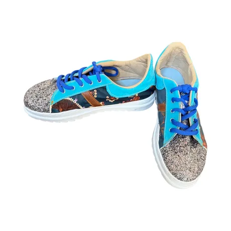 Sneakers - Silver sparkles, navy floral with blue and brown leather detail Size 40 — view 2