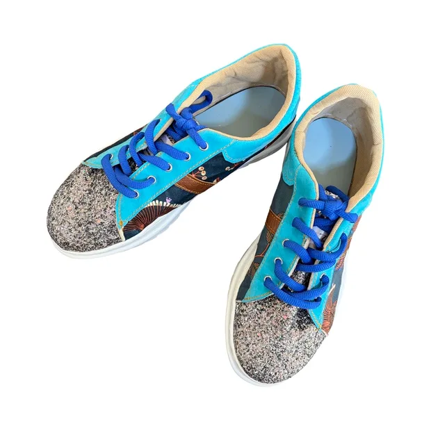 Sneakers - Silver sparkles, navy floral with blue and brown leather detail Size 40